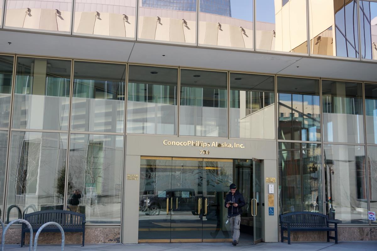 The entrance to the Co<em></em>nocoPhillips Alaska Inc. building is seen in downtown Anchorage, Alaska, U.S., April 8, 2020. REUTERS/Yereth Rosen