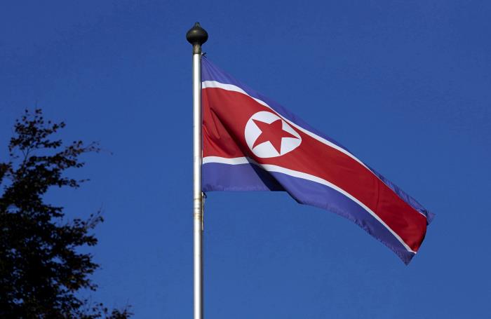 A North Korean flag flies on a mast at the Permanent Mission of North Korea in Geneva October 2, 2014. REUTERS/Denis Balibouse