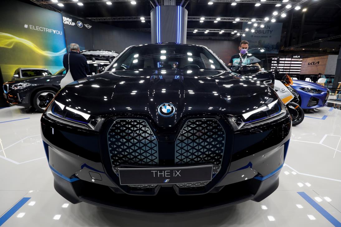 A BMW car is seen at the venue of the Automobile Show in Barcelona, Spain, September 30, 2021. REUTERS/Albert Gea