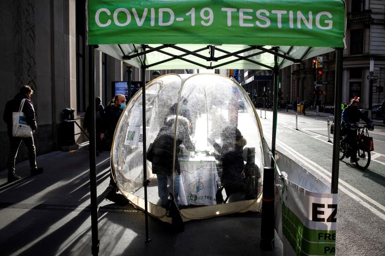 People take coro<em></em>navirus disease (COVID-19) tests at a pop-up sidewalk testing site in New York, U.S., December 1, 2021.  REUTERS/Brendan McDermid