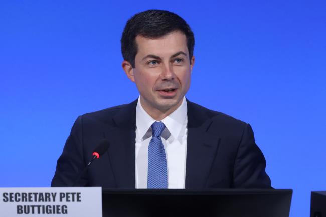 U.S. Secretary of Transportation Pete Buttigieg speaks during the UN Climate Change Co<em></em>nference (COP26), in Glasgow, Scotland, Britain, November 10, 2021. REUTERS/Yves Herman