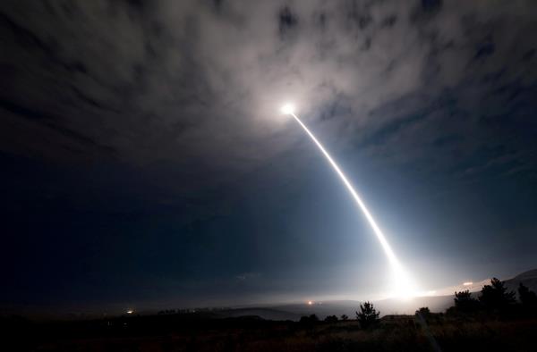 An unarmed Minuteman III interco<em></em>ntinental ballistic missile launches from Vandenberg Air Force ba<em></em>se