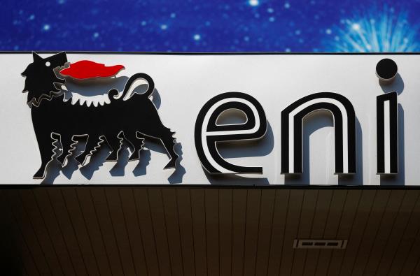 The logo of Italian energy company Eni is seen at a gas station in Rome