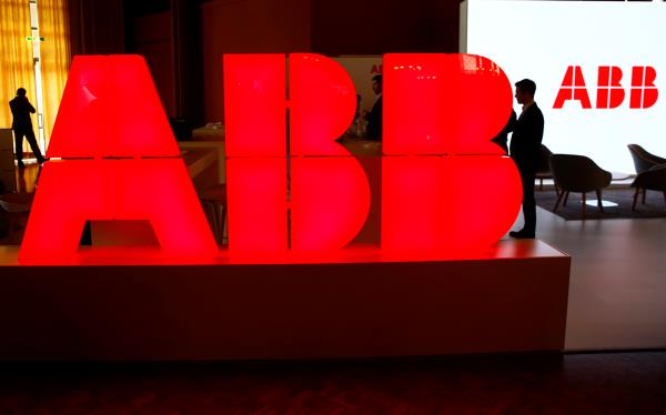 Logo of Swiss power technology and automation group ABB is seen at the Swiss Eco<em></em>nomic Forum co<em></em>nference in Interlaken