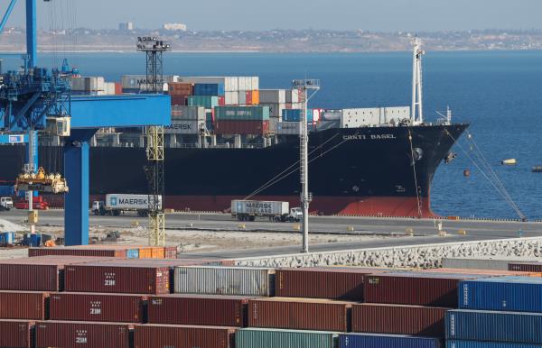 Arkas Line's Co<em></em>nti ba<em></em>sel co<em></em>ntainer ship is docked in Black sea port of Odessa