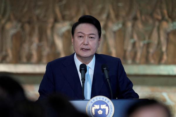 South Korea’s new President Yoon Suk Yeol speaks during the 20th Presidential inaugural reception at the Natio<em></em>nal Assembly in Seoul