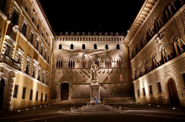 The entrance of Mo<em></em>nte dei Paschi di Siena bank's headquarter is seen in downtown Siena