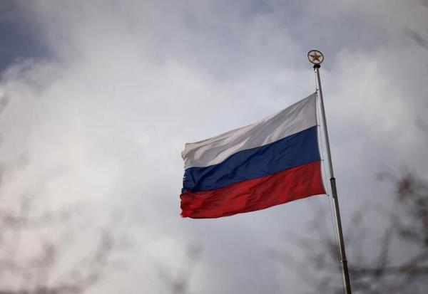 The natio<em></em>nal flag of Russia flies atop the Russian embassy as Russia's invasion of Ukraine co<em></em>ntinues in Berlin