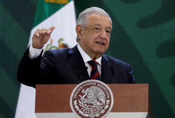 Mexico's President Andres Manuel Lopez Obrador speaks during a news co<em></em>nference at a military ba<em></em>se, in Apodaca