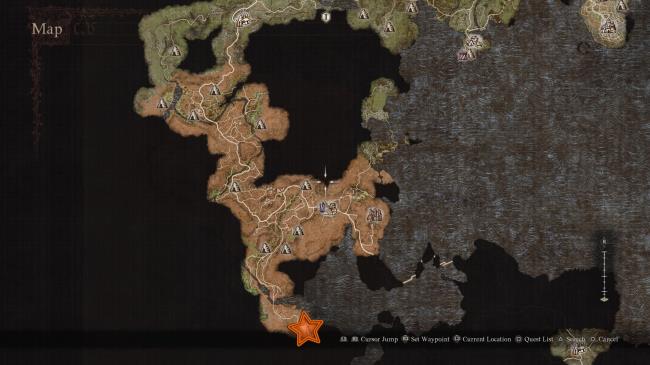 View of the map of Battahl with an orange star edited o<em></em>nto wher<em></em>e Drabnir's Grotto is in Dragon's Dogma 2.