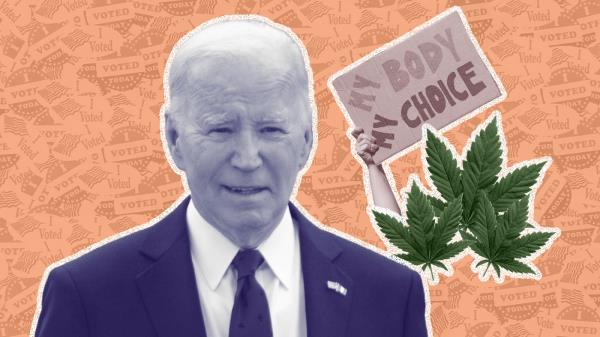 President Biden, marijuana leaves, and an abortion protest sign are superimposed on an image of voting stickers.