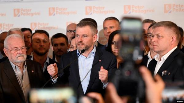 Slovakia presidential candidate Peter Pellegrini speaks at his headquarters on the day the results of the country's presidential election are announced, in Bratislava, Slovakia, April 7, 2024. Pellegrini won the race to become Slovakia's sixth president.