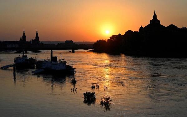 A view of the river Elbe floods during sunset in Dresden, Germany, September 17, 2024.