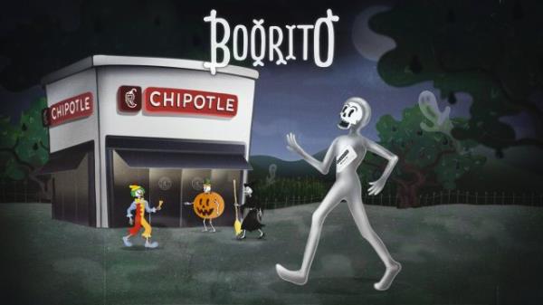 Cartoon picture of a Chipotle restaurant with customers in Halloween costumes outside