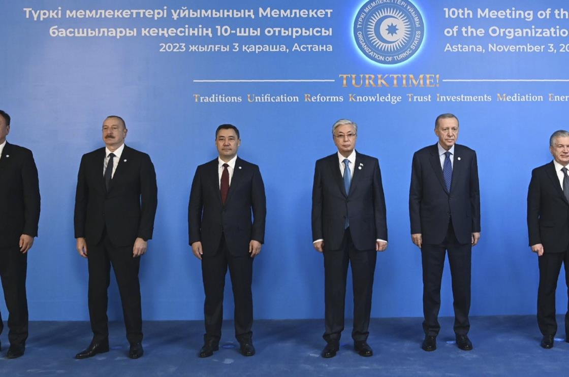 Heads of state from Organization of Turkic States (OTS) member states pose for a photo on the sidelines of the OTS summit, Astana, Kazakhstan, Nov. 3, 2023. (AP Photo)