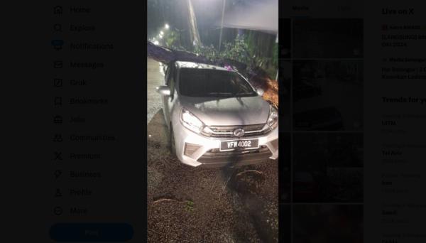 A 33-year-old woman had a scare when a tree fell on her Perodua Axia car while she was in it at the Taman Megah LRT station during a storm on October 2, 2024. — Picture courtesy of Bomba<em></em>selangor 