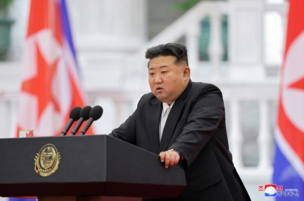 North Korean leader Kim Jong-un delivers a speech in Pyo<em></em>ngyang on Sept. 9, 2024, during a ceremony marking the 76th anniversary of the country's founding, in this photo released by the state-run Korean Central News Agency on the following day. (Yonhap)