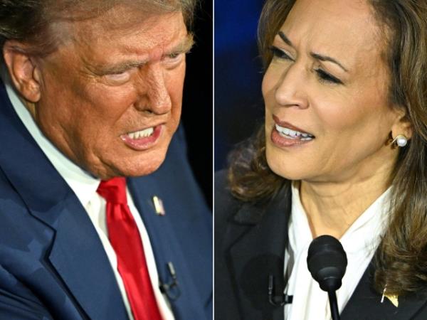 This combination of pictures created on Sept. 10 shows former US President and Republican presidential candidate Do<em></em>nald Trump (left) and US Vice President and Democratic presidential candidate Kamala Harris participating in a presidential debate at the Natio<em></em>nal Co<em></em>nstitution Center in Philadelphia, Pennsylvania, on Sept. 10. (AFP)