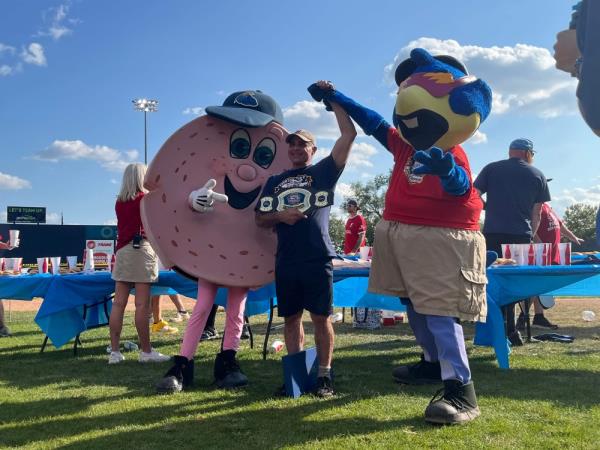 Geoffrey Esper celebrates winning a pork roll competitive eating co<em></em>ntest in Trenton, New Jersey, on September 21, 2024. — AFP pic