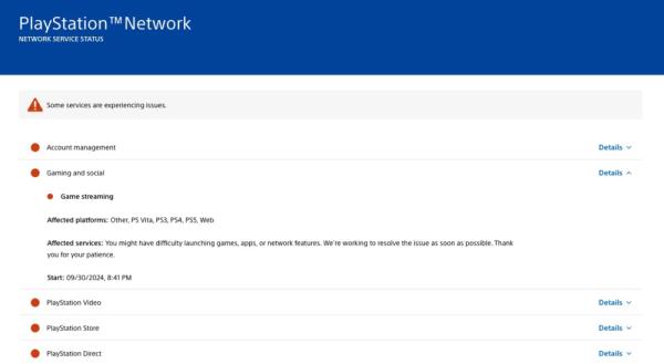 The whole Playstation Network is inaccessible. — Screenshot from Playstation Service Network