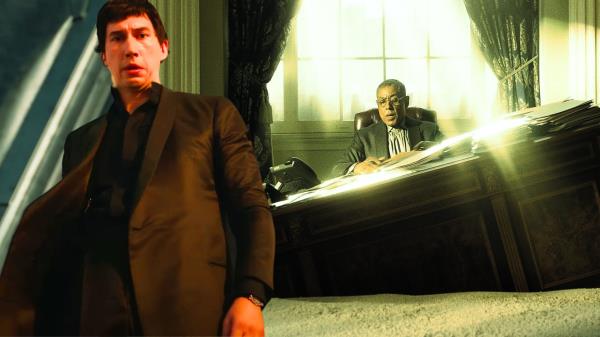 An edited image of Adam Driver and Giancarlo Esposito in Megalopolis