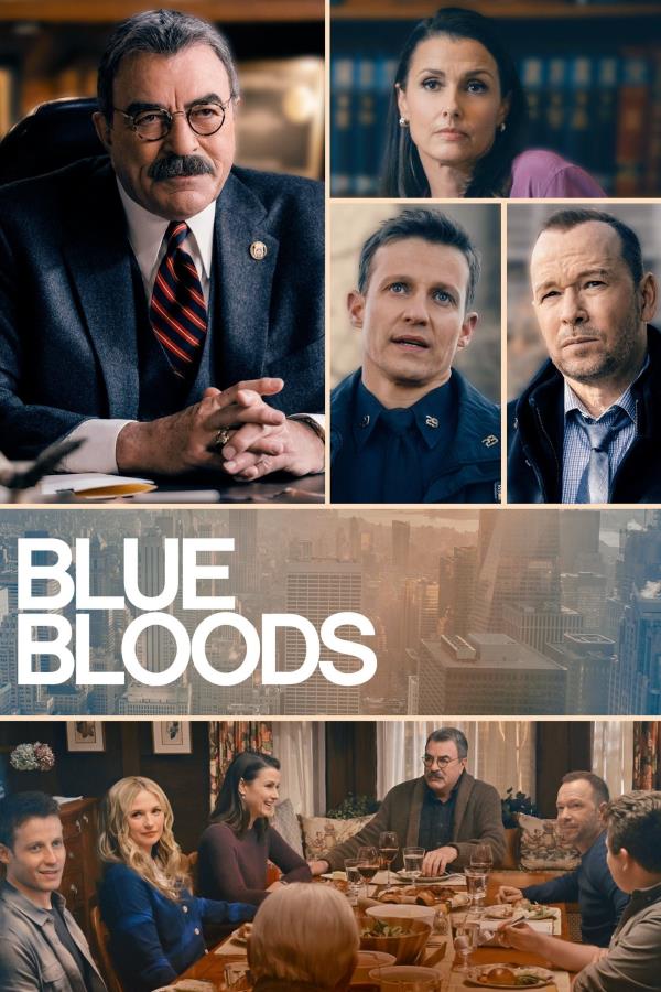 A poster for Blue Bloods featuring the series cast including Tom Selleck as Frank Reagan, Bridget Moynahan as Erin Reagan, Do<em></em>nnie Wahlberg as Danny Reagan, and Will Estes as Jamie Raegan.