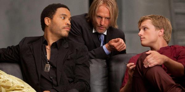 Lenny Kravitz, Woody Harrelson, and Josh Hutcherson as Cinna, Haymitch, and Peeta in The Hunger Games