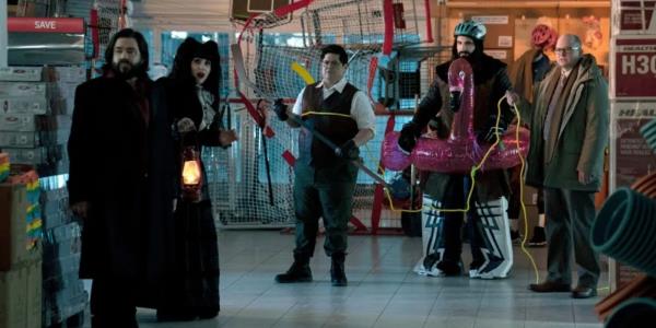 Laszlo, Nadja, Guillermo, Nandor, and Colin Robinson in an empty shop in What We Do In The Shadows