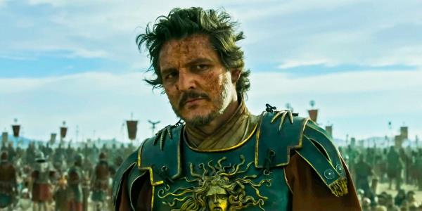 Marcus Acacius (Pedro Pascal) with splatters of blood on his face in Gladiator II