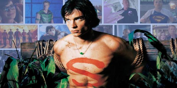 Smallville's Tom Welling in front of important images from the show.