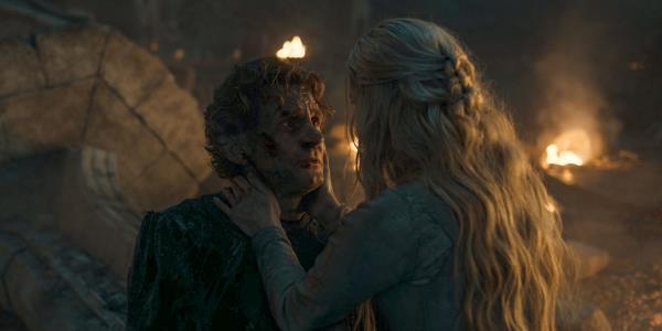 Galadriel trying to comfort Celebrimbor (Charles Edwards) in The Lord of the Rings: The Rings of Power Season 2 Episode 7