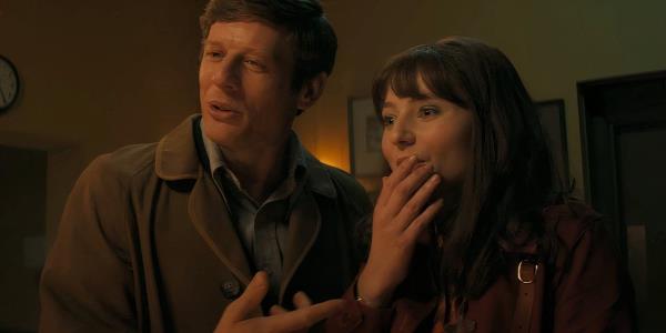 James Norton and Thomasin McKenzie as two researchers happy a<em></em>bout a pregnancy test in Joy