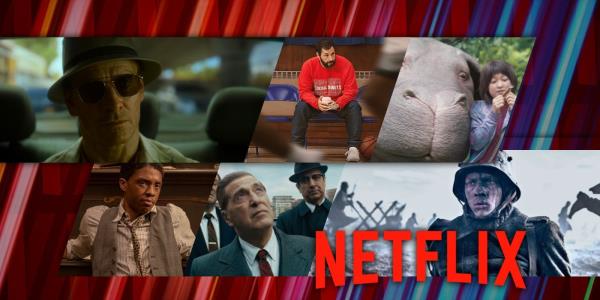 Collage of The Killer, Hustle, Okja, Ma Rainey's Black Bottom, The Irishman and All Quiet on the Western Front with the Netflix logo