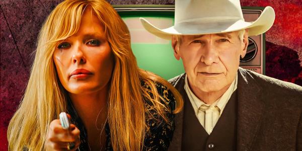 Kelly Reilly as Beth Dutton in Yellowstone and Harrison Ford as Jacob Dutton in 1923.