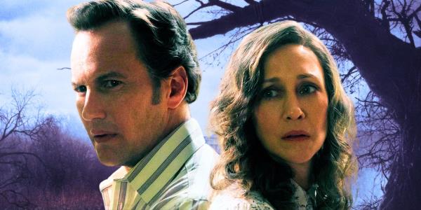 A composite image of Ed and Lorraine Warren looking scared in front of the creepy tree from The Conjuring