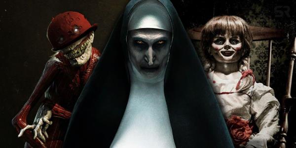 Collage of various villains from The Co<em></em>njuring Universe, including the Nun and Annabelle