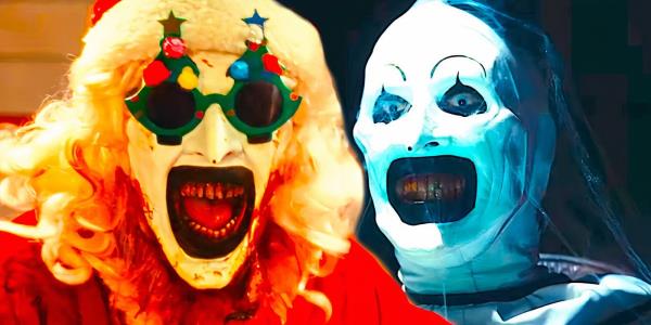 David Howard Thornton as Art the Clown wearing a Santa outfit and Christmas glasses smiling next to Art smiling in Terrifier 3 trailer