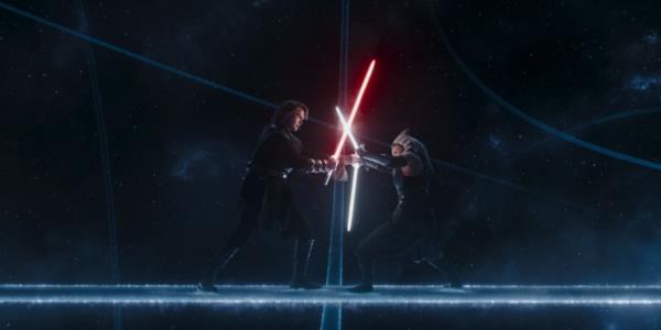 Anakin and Ahsoka clash lightsabers in the World Between Worlds in the Ahsoka show