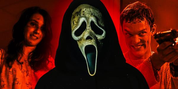 A composite image of Ghostface in front of Stu pointing a gun and Jille looking angry in the Scream franchise