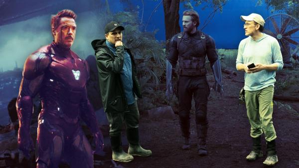 An edited image of the Russo Brothers, Chris Evans, and Robert Downey Jr. in Avengers: Infinity War