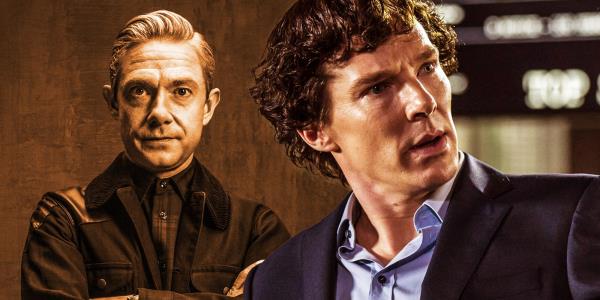 A composite image of Sherlock looking over his shoulder in co<em></em>nfusion in front of Holmes crossing his arms in Sherlock