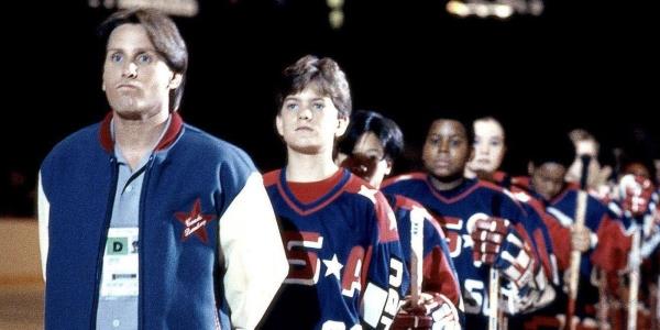 Gordon and the Ducks stand on the ice in The Mighty Ducks.