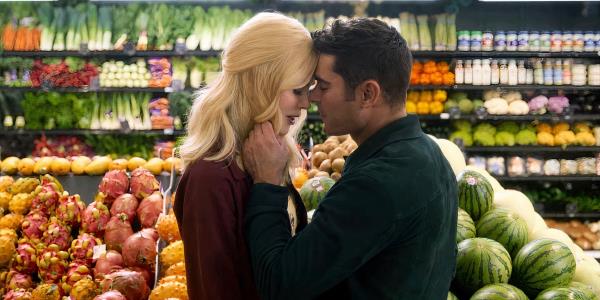 Nicole Kidman as Brooke and Zac Efron as Chris a<em></em>bout to Kiss in the Produce Section in A Family Affair