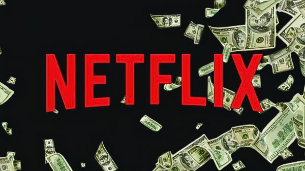 An edited image of the Netflix logo with mo<em></em>ney falling behind it