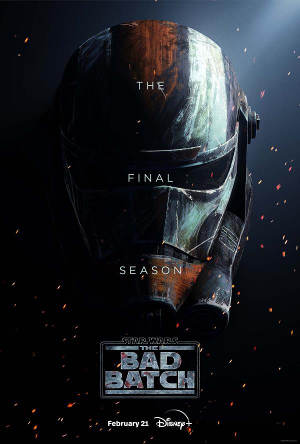 Star Wars The Bad Batch Season 3 Poster Showing a Painted Battle Damaged Clone Helmet