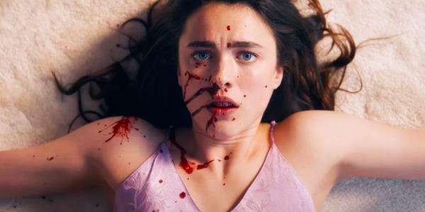 The Substance Margaret Qualley as Sue scared and on the floor