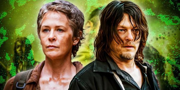 Melissa McBride as Carol Peletier and Norman Reedus as Daryl Dixon in front of a green background in The Walking Dead