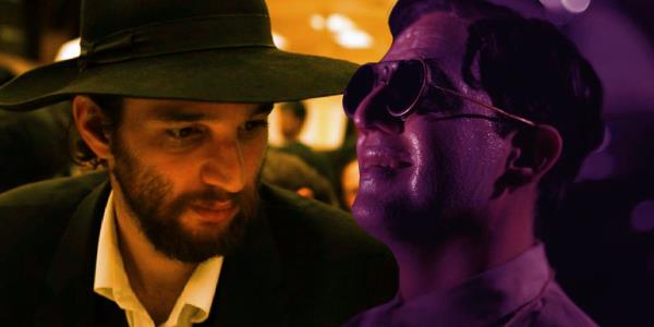 Josh Safdie as Levi wearing a black hat and suit in Ezer Kenegdo and Benny Safdie as Edward Teller in Oppenheimer