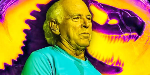 Collage of Jimmy Buffett overtop a Jurassic World background