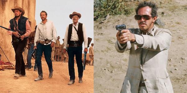 Split image of the cast of The Wild Bunch and a gunslinger in Bring Me the Head of Alfredo Garcia